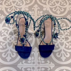 Kate Spade peacock blue suede wrap up sandals with gold heel